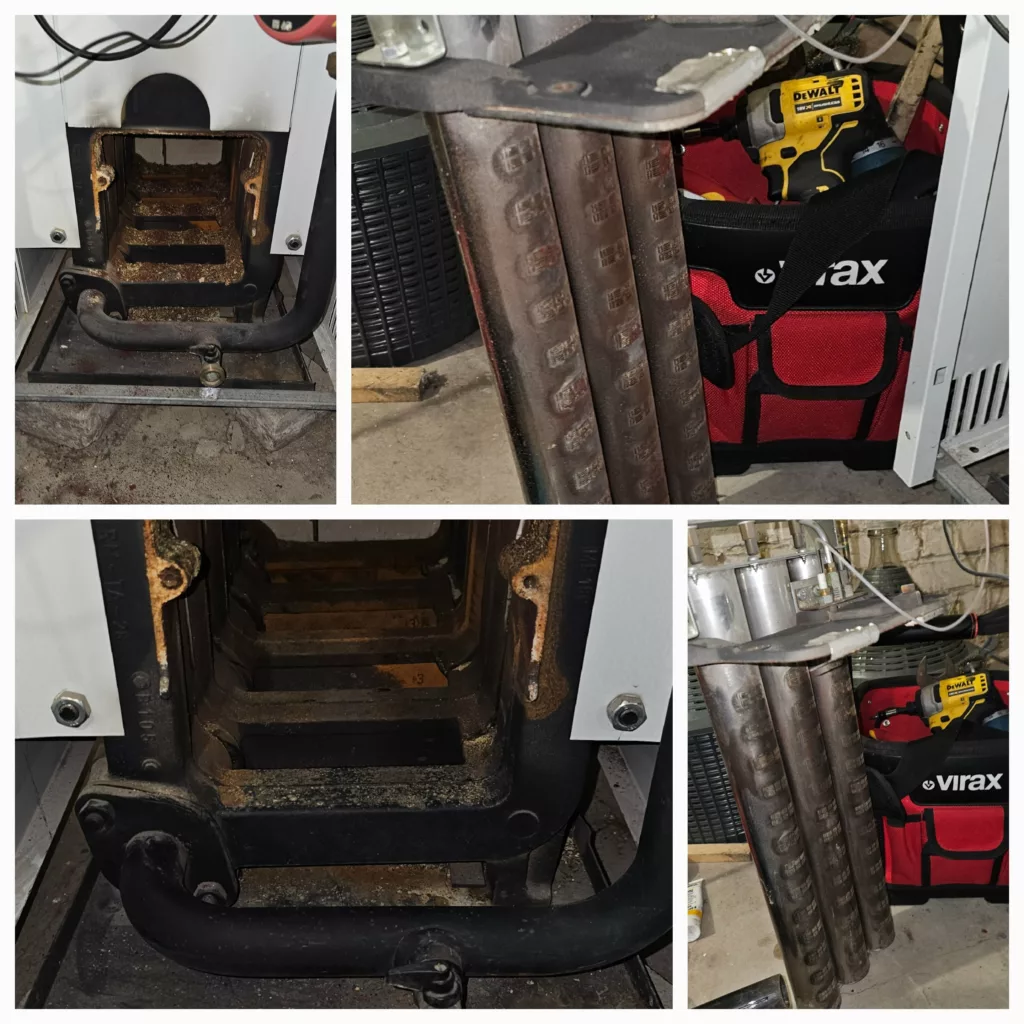 Démontage et nettoyage en profondeur du foyer et des tubes de chauffe d’une chaudière gaz par Thermopeb, pour restaurer un rendement optimal et sécuriser l’installation à Bruxelles.
