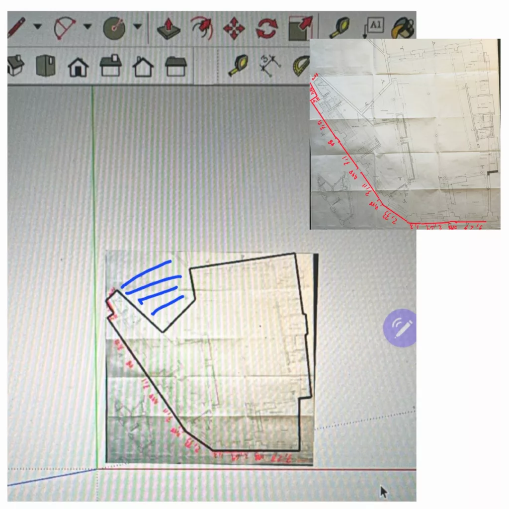 Étude technique Thermopeb à Bruxelles : relevé et modélisation sur plan du futur réseau de chauffage et de plomberie avant rénovation complète de l’immeuble.