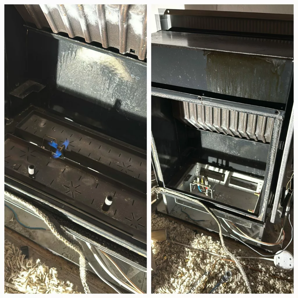 Nettoyage complet et remise en état d’un foyer gaz encastrable, réalisé par Thermopeb, chauffagiste à Bruxelles, pour améliorer la sécurité, le tirage et le confort de chauffage.